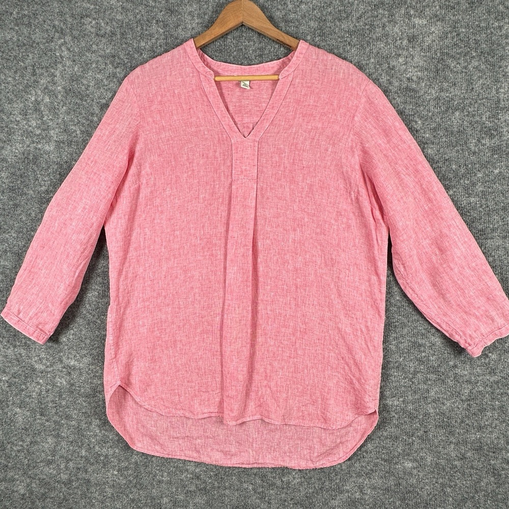 LL Bean 100% Linen Popover Tunic Womens XL Pink Split Neck Lagenlook Beach Shirt